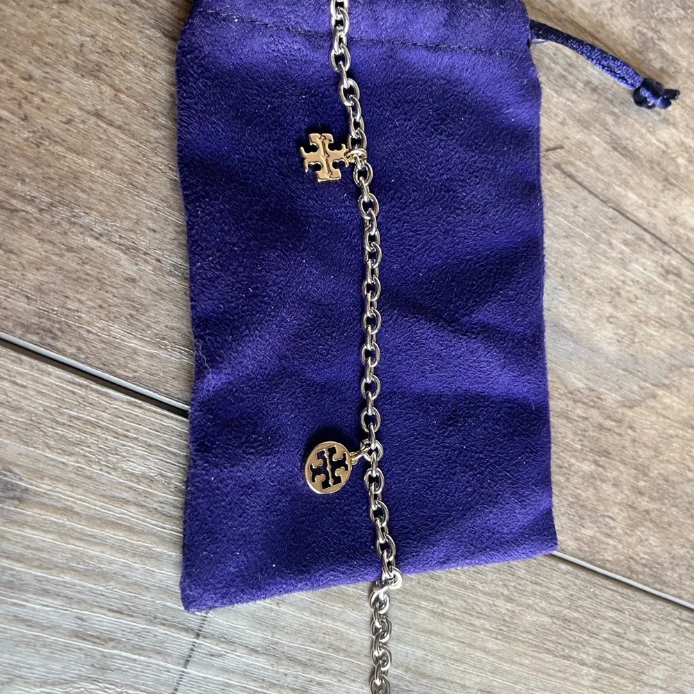 Tory Burch Charm Rosary Necklace Elegant Silver and Gold tone.